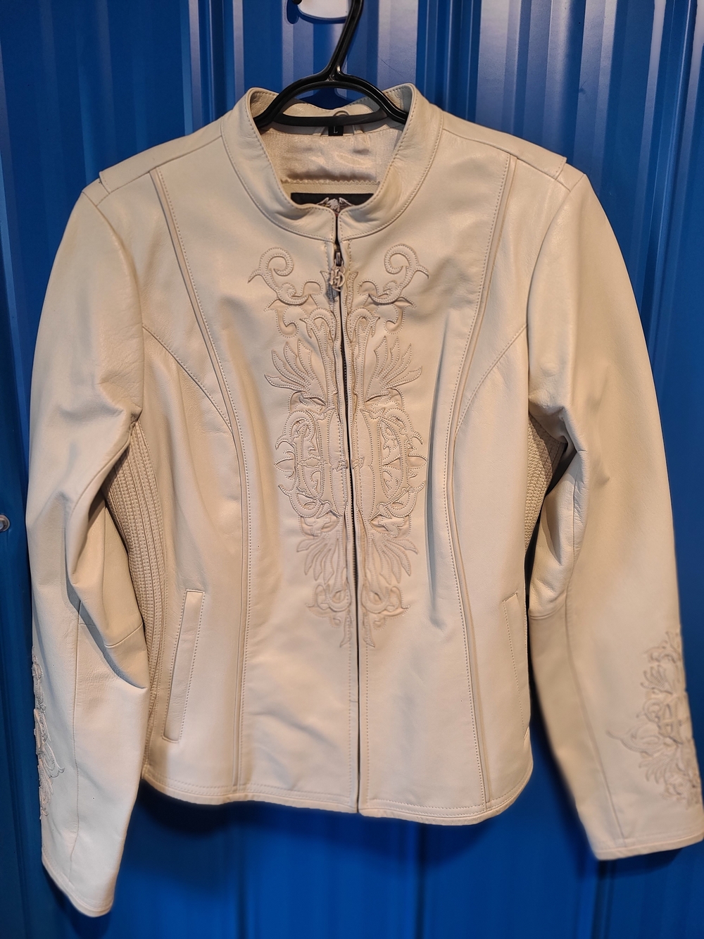 Harley-Davidson Cream Leather Embroidered Zip Front Jacket Size L